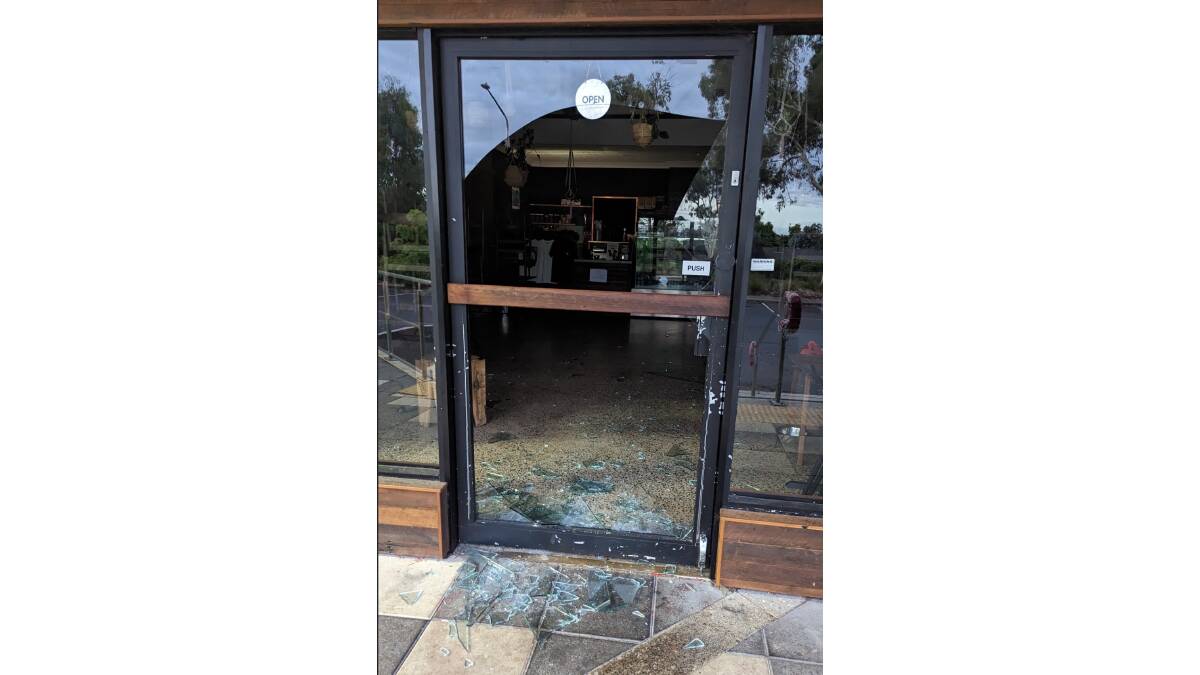 The front door of Sweet Bones Bakery was smashed during a break in at Scullin on Monday morning. Picture supplied
