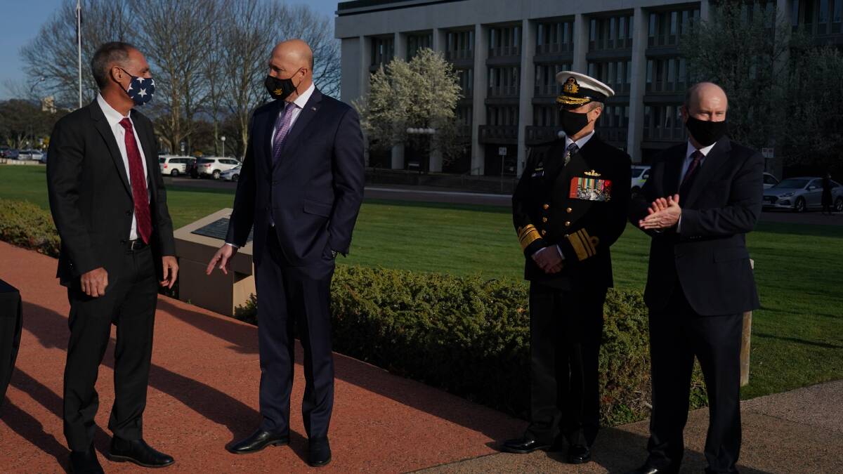 US embassy's Chargé dAffaires Michael Goldman with Defence Minister Peter Dutton at a wreath laying ceremony in Canberra for the 70th anniversary of the ANZUS alliance. Picture: Adam Taylor, PMO