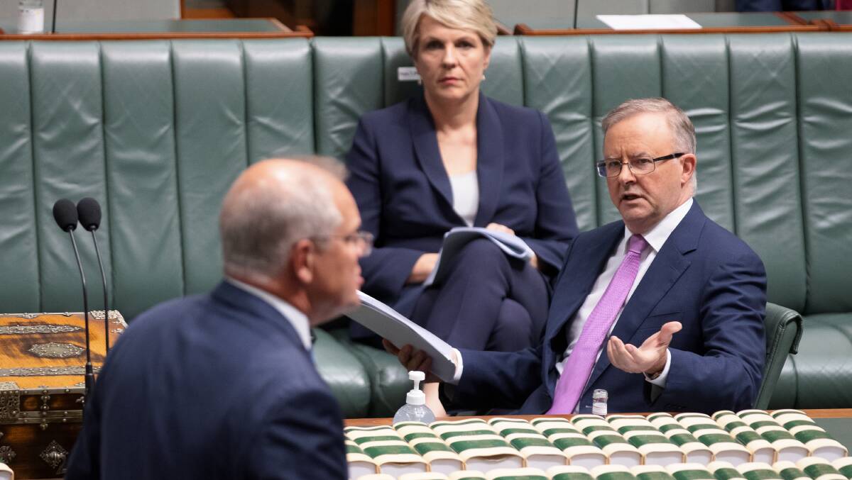Opposition Leader Anthony Albanese reacts to Prime Minister Scott Morrison during Question Time. Picture: Sitthixay Ditthavong