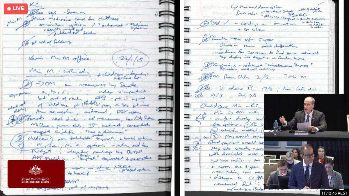Finn Pratt, giving evidence as the royal commission, went through his notes that he "vainly" hoped would not be made public due to his illegible handwriting. Picture screenshot
