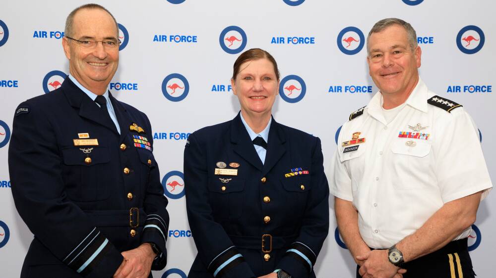 Australia's Air Force chief Mel Hupfeld and Space Commander Cath Roberts met with the head of US Space Command James Dickinson (right) at the new command's launch on Tuesday. Picture: Department of Defence.