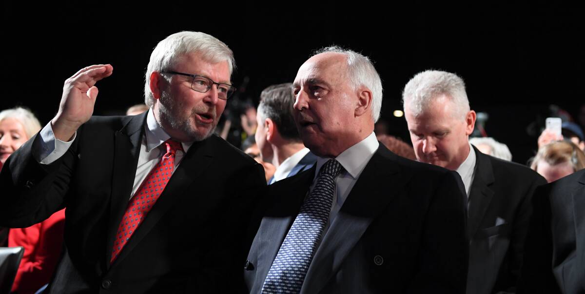 Former prime ministers Kevin Rudd and Paul Keating turned out for Anthony Albanese's first election campaign launch. Picture: AAP
