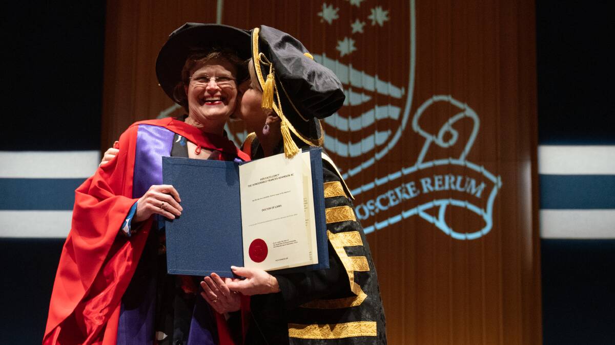 Frances Adamson was awarded an honorary doctorate by her former minister at Foreign Affairs, now ANU chancellor Julie Bishop. Picture ANU