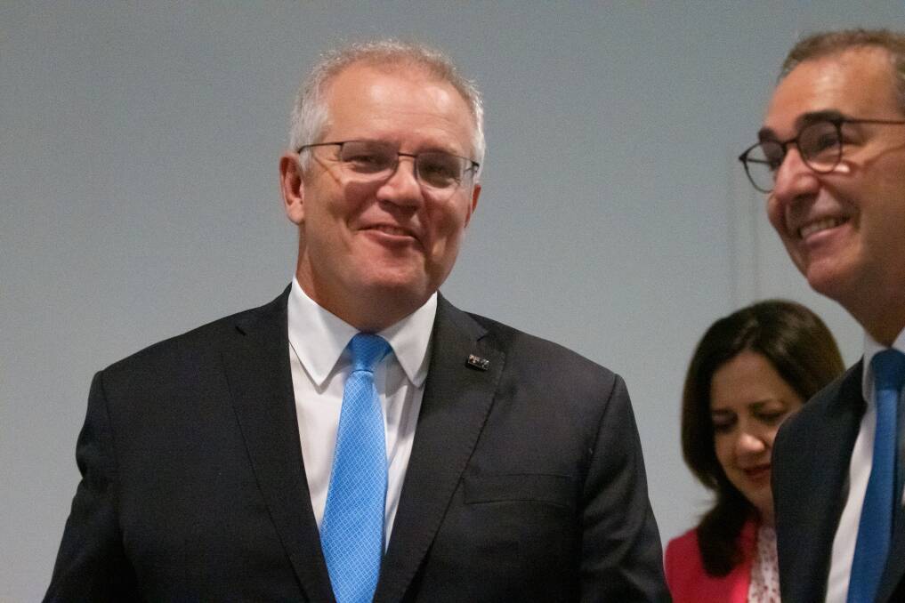 Prime Minister Scott Morrison, Queensland Premier Annastacia Palaszczuk and South Australia Premier Steven Marshall during an earlier in-person national cabinet meeting in Canberra. Picture: Sitthixay Ditthavong