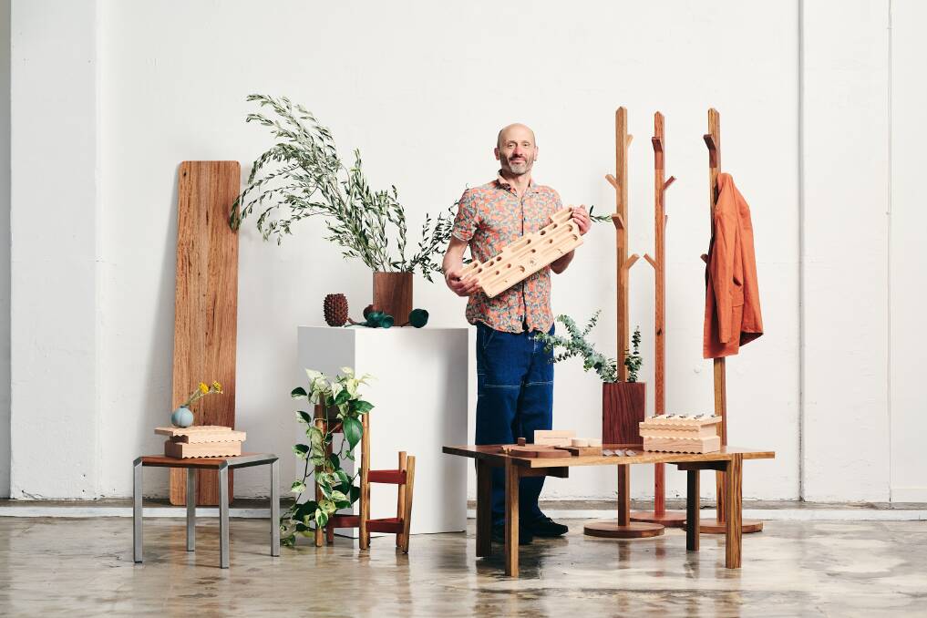 Thors Hammer owner Thor Diesendorf with the Thinking Small collection, a range of products made using previously unviable recycled timber lengths. Picture Rohan Thomson