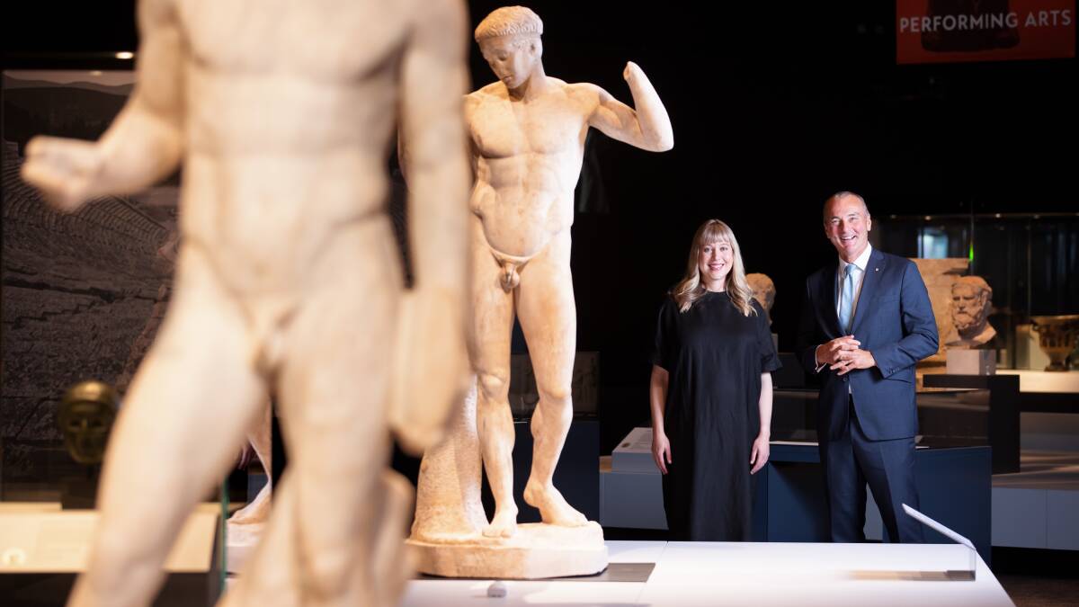 National Museum curator Lily Withycombe and director Mathew Trinca at Ancient Greeks: Athletes, Warriors and Heroes. Picture: Sitthixay Ditthavong