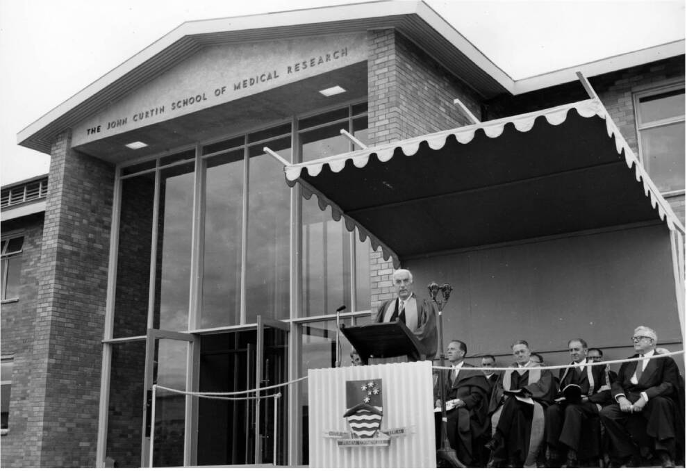 Then-prime minister Robert Menzies speaking at the opening of the John Curtin School of Medical Research on March 27, 1958. Picture: Supplied/John Edwards