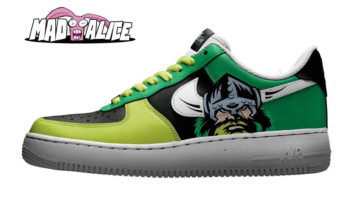 Hand-painted Canberra Raiders Nikes by Mad Alice. Picture: Supplied