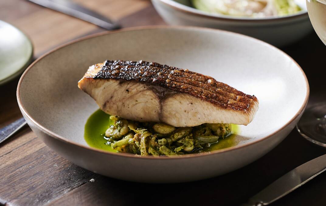 Charred kingfish, salsa verde, braised green beans, cannellini and fennel. Picture: Ash St George