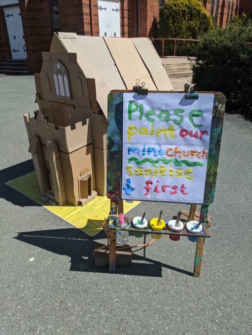The cardboard church, built by Cecelia Aull, for people to paint. Picture: Supplied