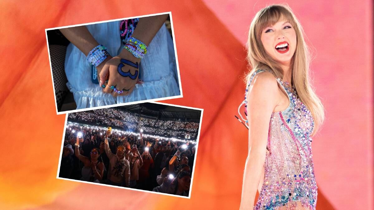 Taylor Swift's Eras Tour lands in Australia this month. Insets: A fan with friendship bracelets and the number 13; and fans with their phone torches during Marjorie. Pictures Getty Images/TAS Management