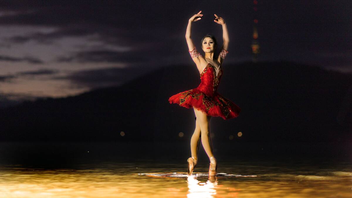 Ukrainian ballerina Mie Nagasawa on Lake Burley Griffin ahead of the Grand Kyiv Ballet's Canberra run. Picture by Gary Ramage