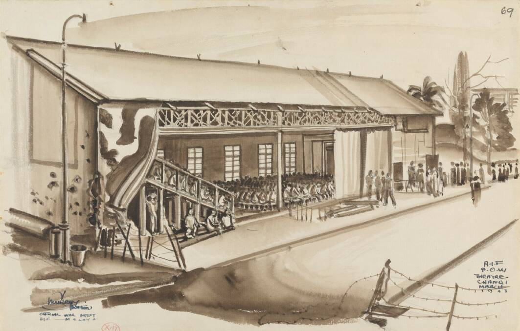 Murray Griffin's artwork of the building used for the Changi Concert Party performanaces. Picture Australian War Memorial, ART26496