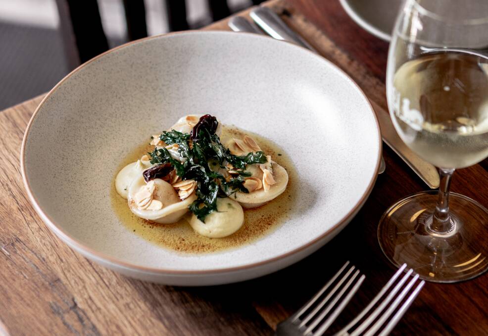 Hand-rolled potato tortellini, almond ricotta, muscatel and beurre noisette. Picture: Ash St George