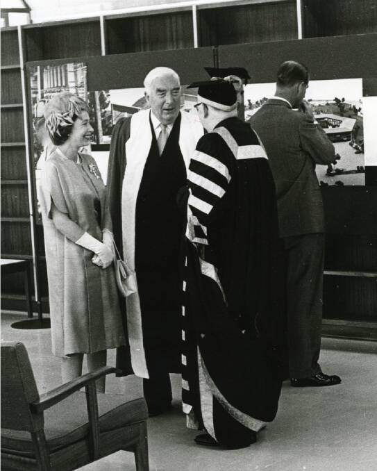 The Queen and then-prime minister Robert Menzies and then-ANU chancellor John Cockcroft at the opening of Menzies Library in 1963. Picture: Supplied/Commonwealth News and Information Bureau