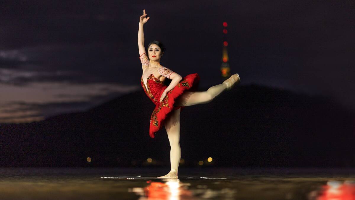 Ukrainian ballerina Mie Nagasawa on Lake Burley Griffin ahead of the Grand Kyiv Ballet Canberra run. Picture by Gary Ramage