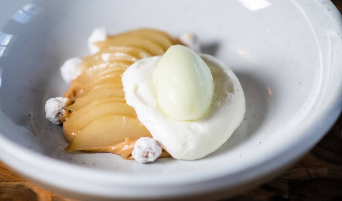 Poached pear, caramel praline custard and hazelnut dacquoise. Picture: Karleen Minney