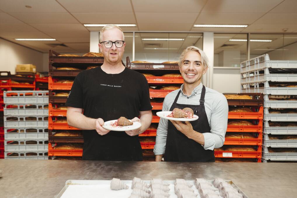 Laminate pastry expert Justin King and culinary curator Kit Carpenter at Three Mills Bakery with the Skywhale-inspired croissant. Picture: Dion Georgopoulos 