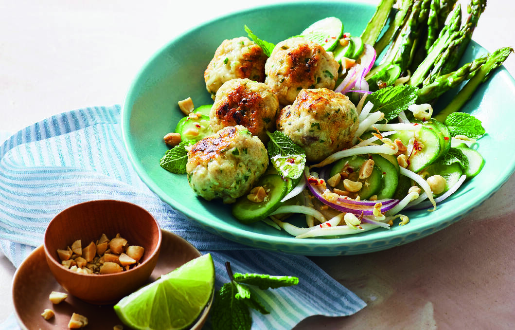 Thai fish balls with pickled cucumber salad. Picture: Rob Palmer
