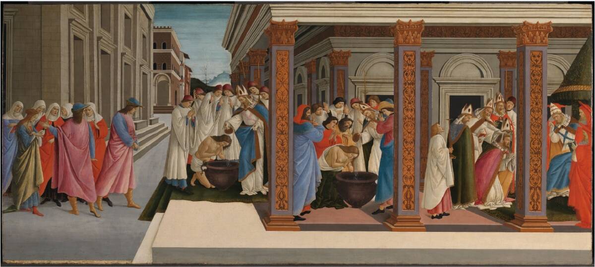 Sandro Botticelli's Four scenes from the early life of Saint Zenobius c1500, tempera on wood. The National Gallery, London, Mond Bequest, 1924, NG 3918
