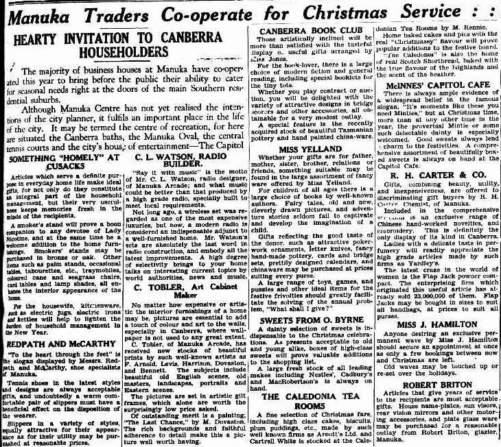 Both Alexander Redpath and Hugh McCarthy were quoted in this advertorial in The Canberra Times on December 13, 1933. 
