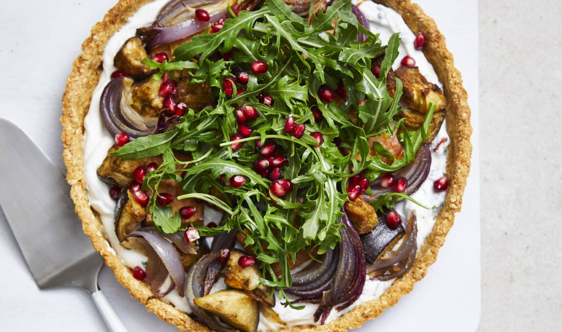 Vegetarian and gluten-free eggplant, chickpea and pomegranate tart. Picture: Supplied