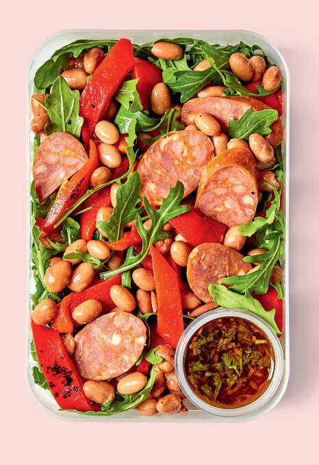 Chorizo, roasted red capsicum and borlotti bean salad. Picture: Supplied