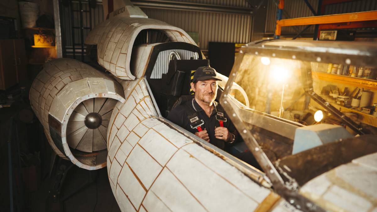 Canberra resident Baz has spent the last few years recreating an interactive, full sized model of MK II Colonial Viper spaceship from Battlestar Galactica. Picture: Dion Georgopoulos 