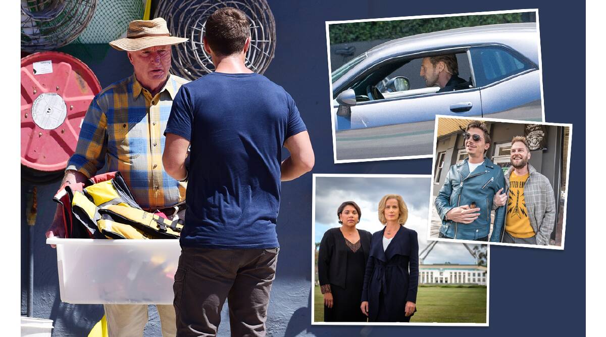 Ray Meagher in Home and Away, which filmed in Yass. Insets: Liam Neeson's stunt driver; Queer Eye's Antoni Porowski and Bobby Berk; Total Control's Deborah Mailman and Rachel Griffiths. Pictures: Getty, Keegan Carroll, Karleen Minney, John Platt