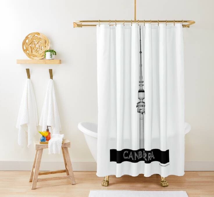 Telstra Tower shower curtain by Cariboo Design. Picture: Supplied