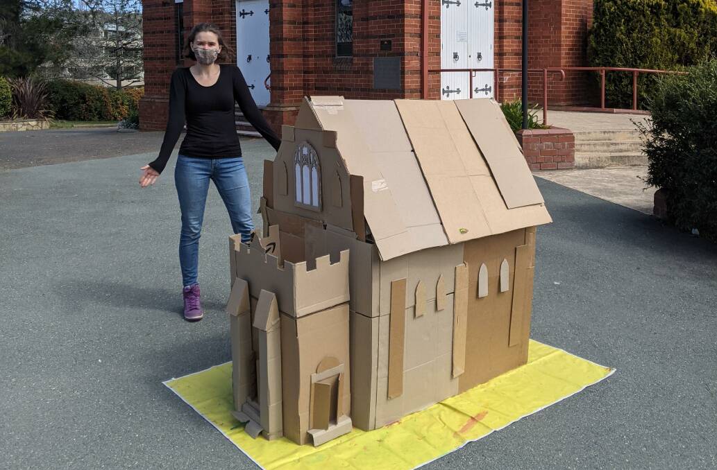 Cecelia Aull created a cardboard replica of the Canberra Baptist Church for people to paint. Picture: Supplied