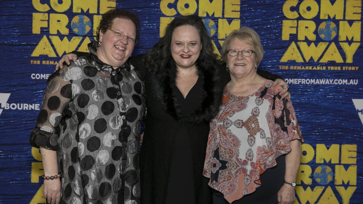 Emma Powell, centre, who plays Beulah Davis in Come From Away, pictured with Diane Davis and Beulah Cooper. Picture supplied