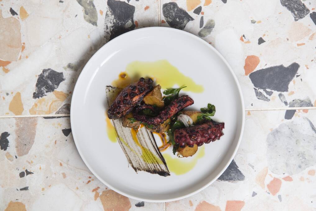Pulpo - grilled octopus, black garlic, kipfler potatoes, capers and nduja dressing. Pictures by Keegan Carroll