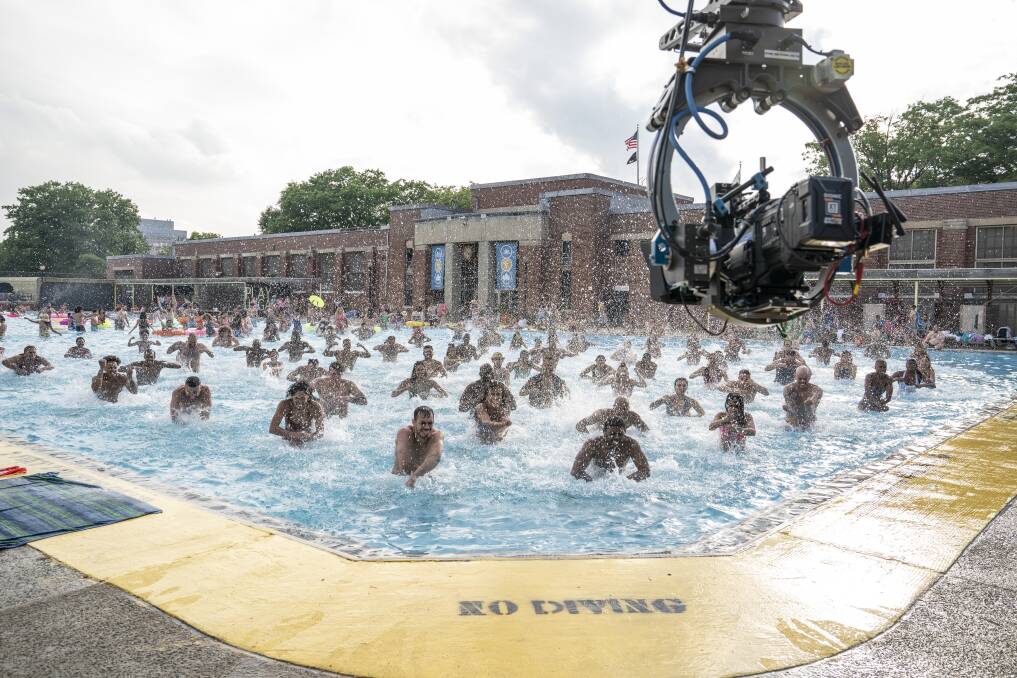 Behind the scenes of a musical number shot at a Manhattan pool. Picture: Warner Bros. 