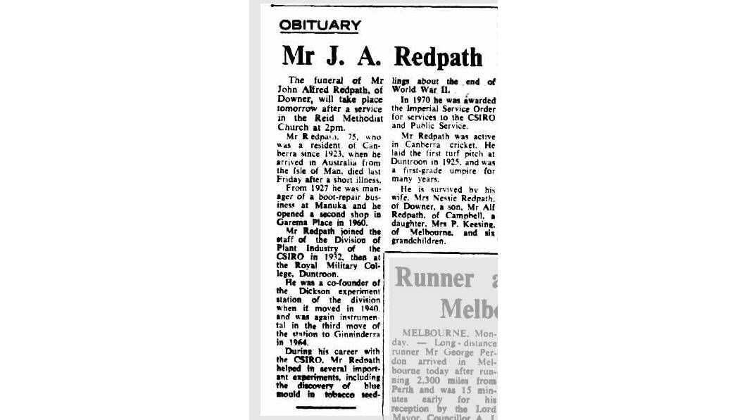 The 1973 obituary in The Canberra Times for John "Alfred" Redpath. 
