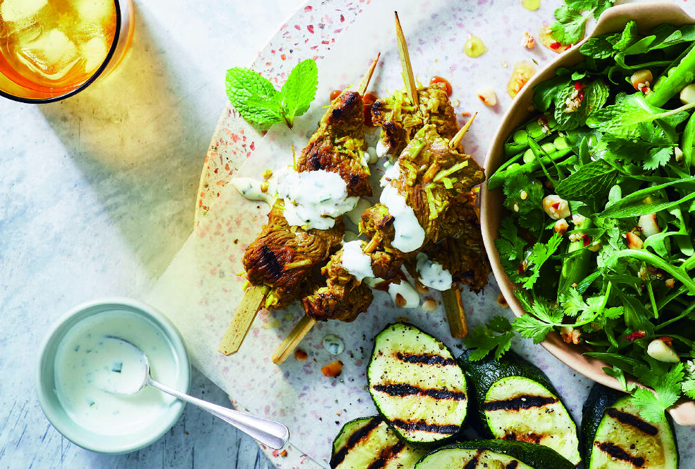 Lemongrass beef skewers with sugar snap salad. Picture: Rob Palmer