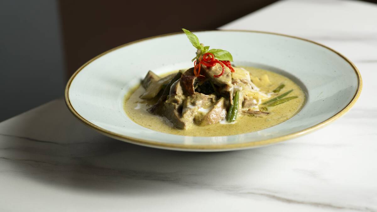 Sweet green curry with zucchini, baby eggplant, green beans, bamboo shoots and basil. Picture: Keegan Carroll