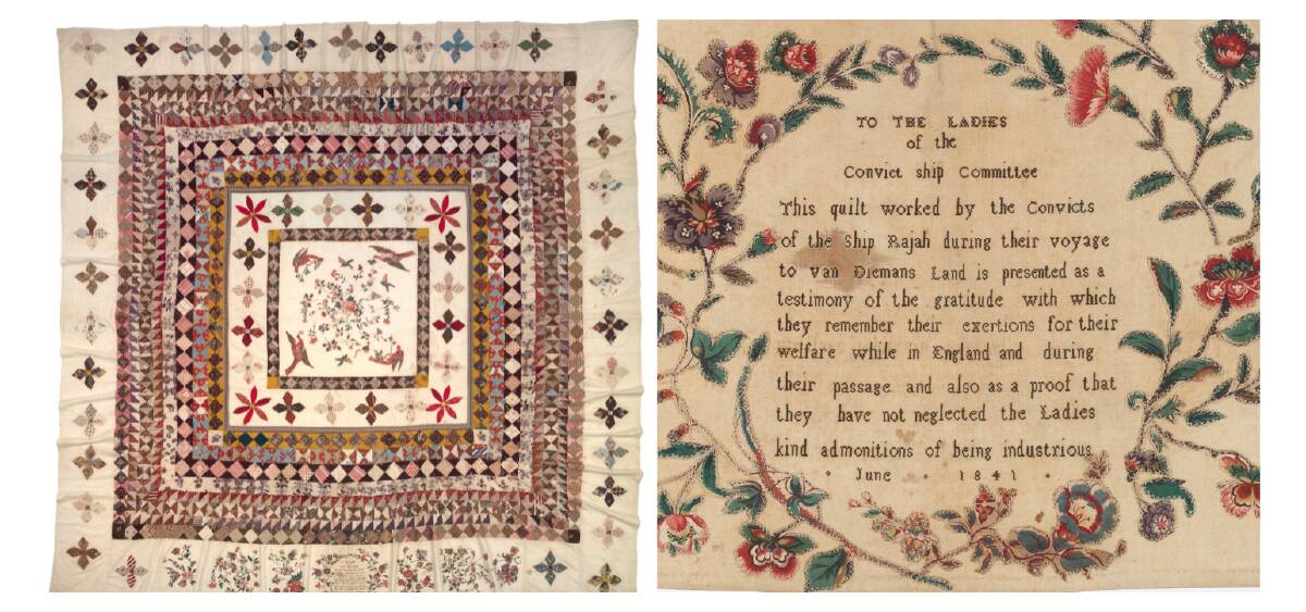 Above: The Rajah Quilt and its inscription. Below left: A detail from Misses Hampson, The Westbury quilt, 1900-1903. Below right: A detail of Christina Brown, Quilt, c.1890. Pictures National Gallery of Australia