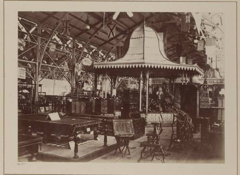 The Australian colonial billiard table (in the bottom left hand corner) at the 1888 Melbourne Centennial Exhibition.
