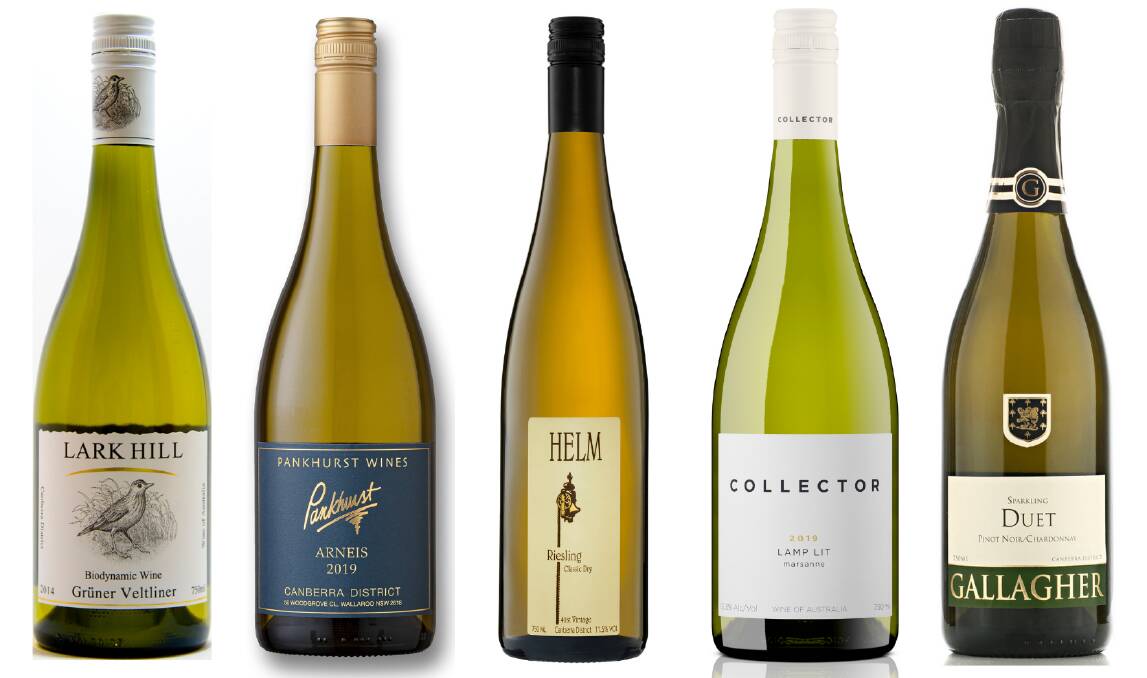 Lark Hill Canberra District Gruner Veltliner 2021, Pankhurst Canberra District Arneis 2019, Helm Canberra District Classic Dry Riesling 2019, Collector Lamp Lit Canberra District Marsanne 2019, and Gallagher Sparkling Duet Pinot Noir Chardonnay NV. Pictures: Supplied