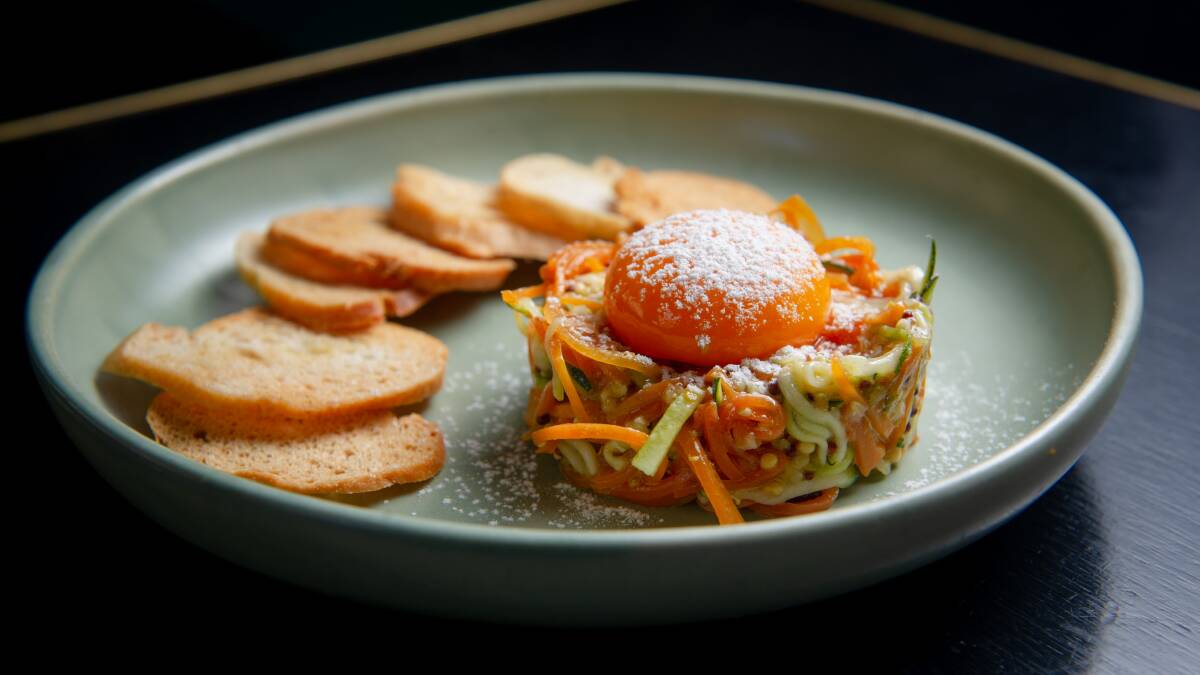 Carrot tartare with native pickled zucchini, mustard, confit yolk and bagueite. Picture by Elesa Kurtz
