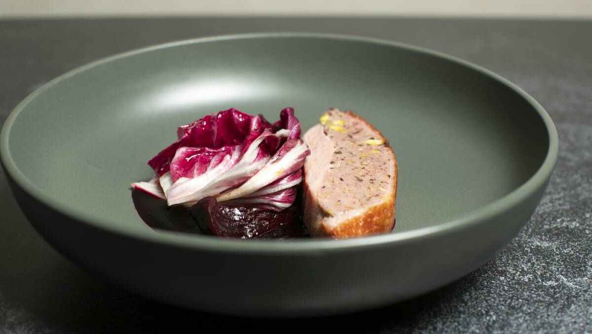 Crown roasted duck with mushroom and pistachio sausage, beetroot, treviso. Picture: Keegan Carroll