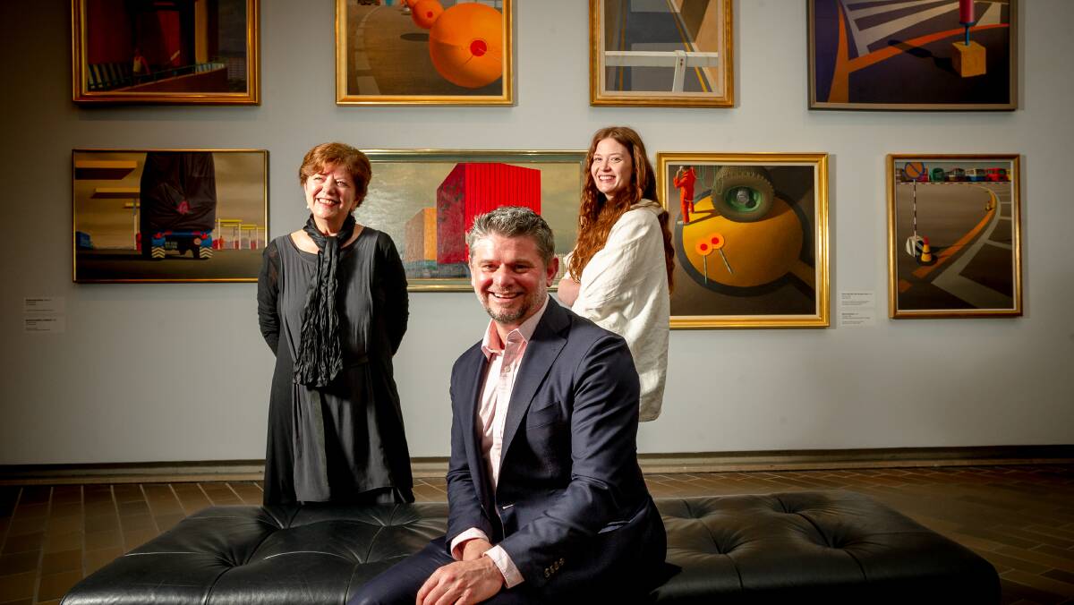 National Gallery director, Nick Mitzevich (centre) with exhibition co-curators Deborah Hart and Rebecca Edwards at the opening of the Jeffrey Smart exhibition. Picture: Elesa Kurtz