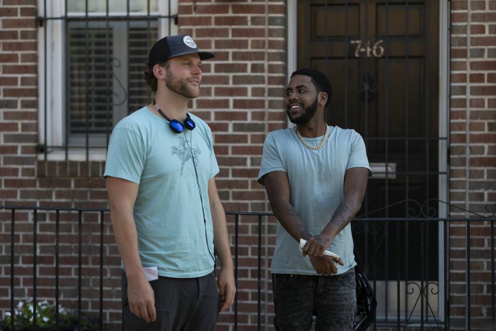 Director Ricky Staub and Jharrel Jerome, who plays Smush, on the set of Concrete Cowboy. Picture: Jessica Kourkounis

