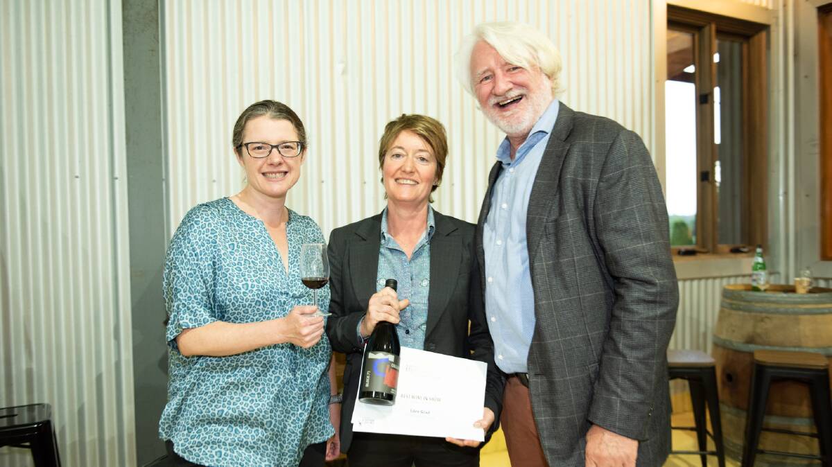 Eden Road Wines' Celine Rousseau (centre) with Australian Highlands Wine Show judges Toni Paterson and Rob Geddes. Picture: Supplied
