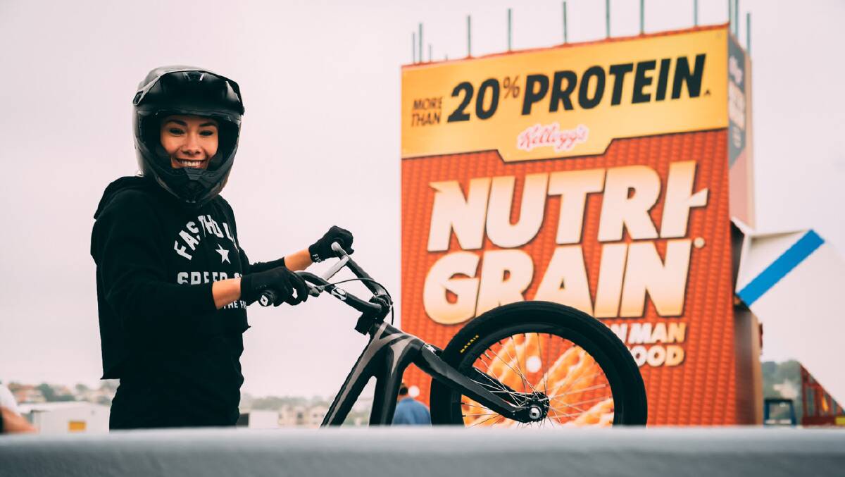 BMX rider Caroline Buchanan behind the scenes at the film shoot for the Nutri-Grain advertisment. Picture: Supplied