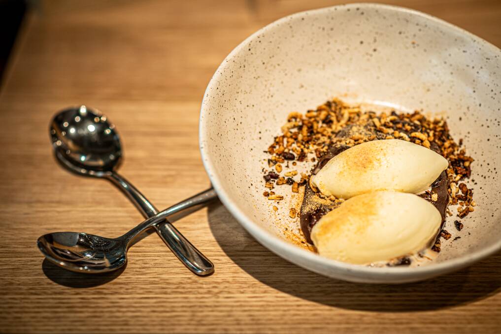 Vietnamese salted coffee ganache, with condensed milk ice cream and wild puffed rice. Picture by Karleen Minney