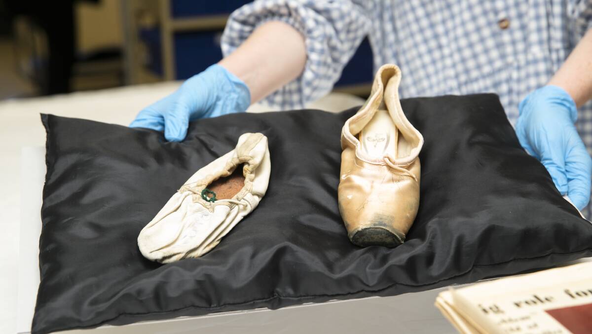 The shoes signed by Robert Helpmann and Marilyn Jones. Picture: Keegan Carroll
