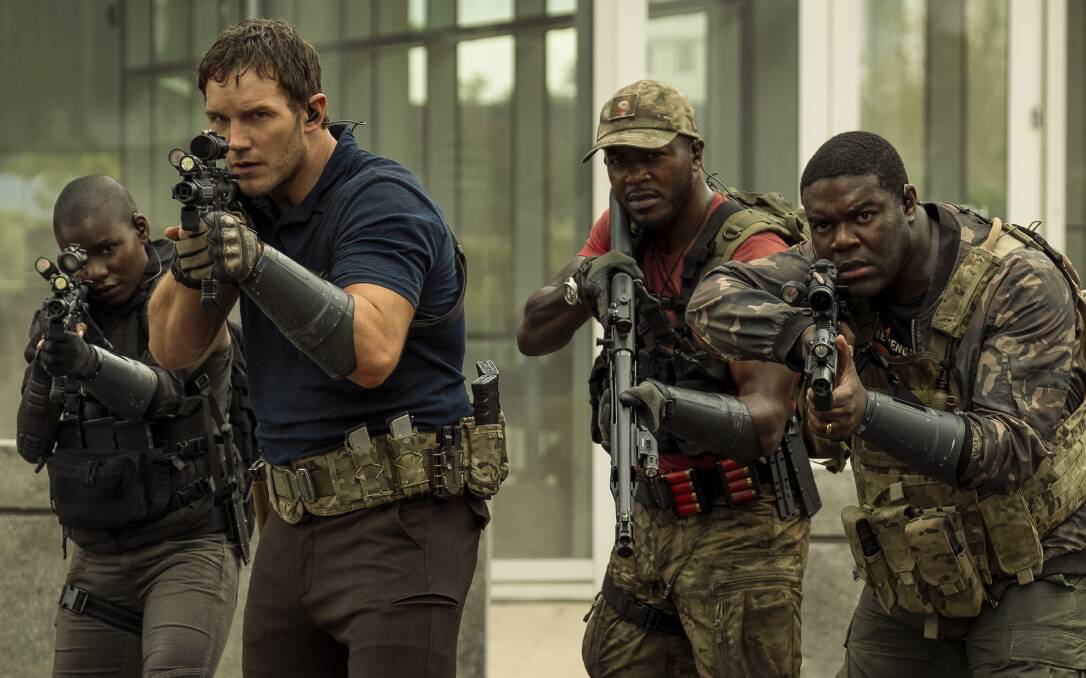Chris Pratt, front, Edwin Hodge and Sam Richardson star in The Tomorrow War. Picture: Prime Video 