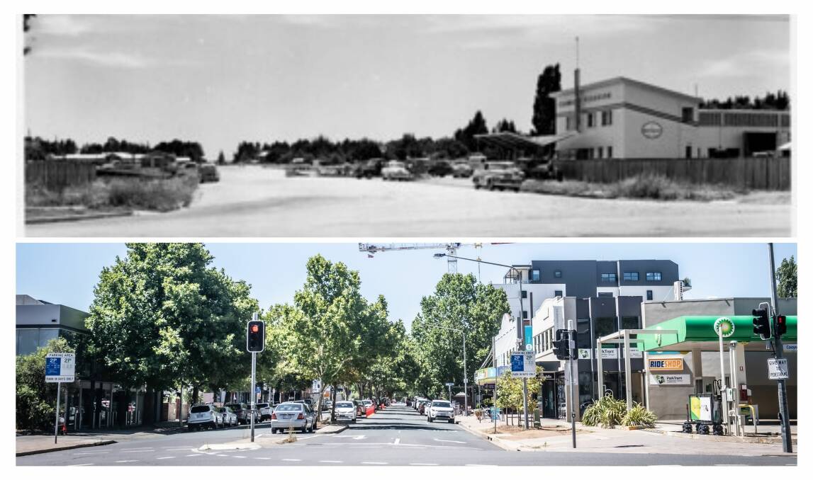  Lonsdale Street at the intersection of Cooyong Street in 1952 and 2021.Pictures: ArchivesACT and Karleen Minney